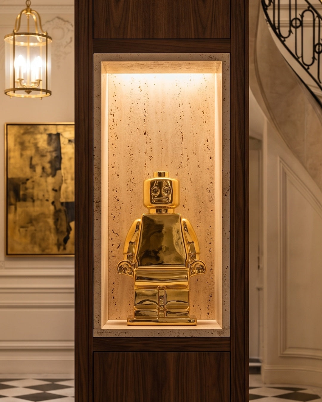 Sculpture Alter Ego dorée d'Alepiano dans une niche éclairée, au cœur d'une entrée en marbre
