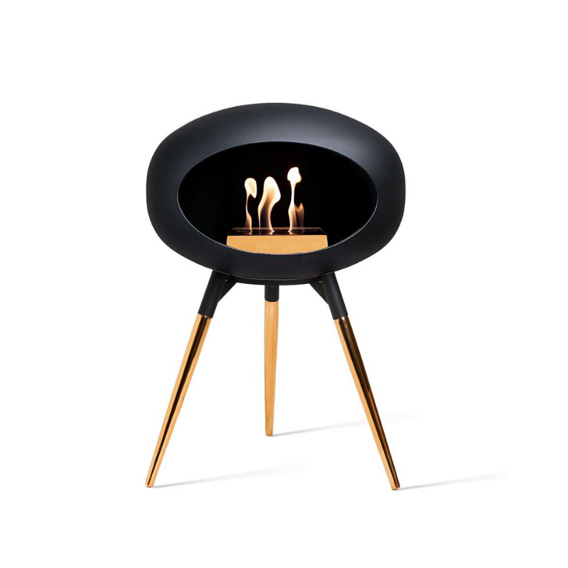 Cheminée 3 pieds 45cm - Foyer noir, pieds rose gold, Le Feu