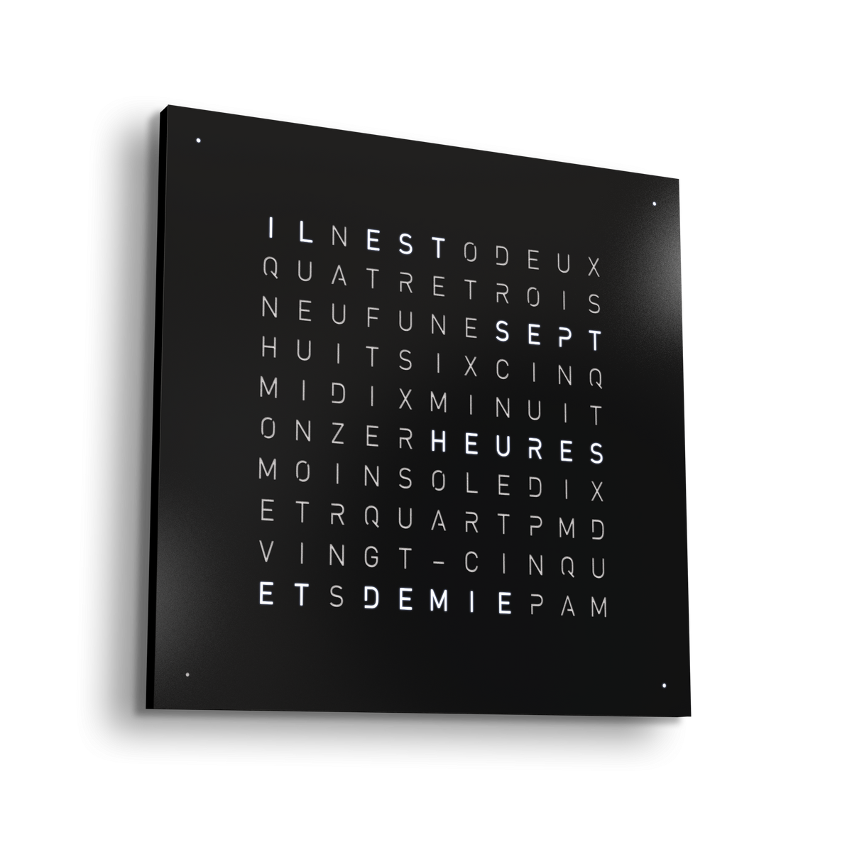 Horloge Earth 45 boitier noir - façade acier laqué, Qlocktwo