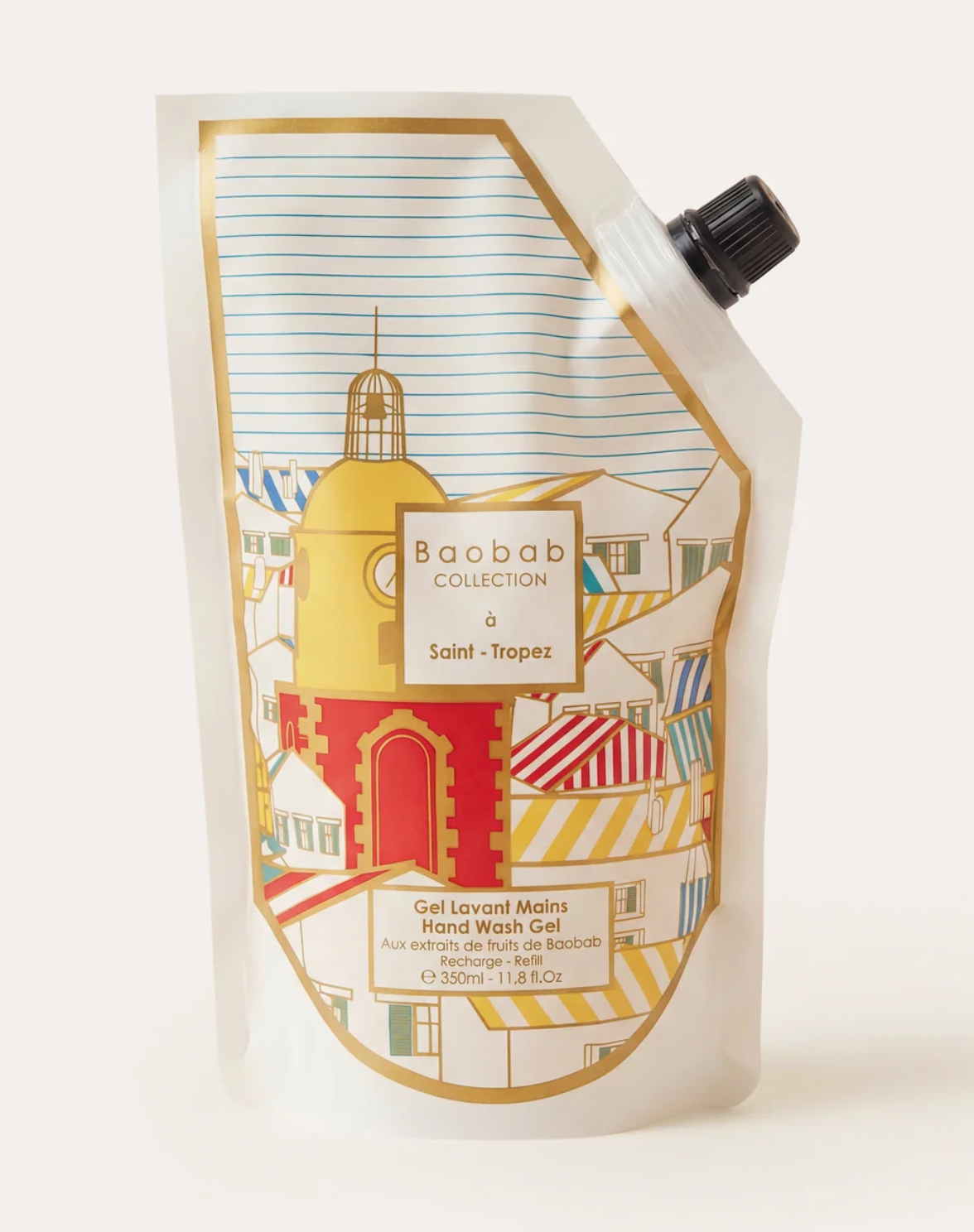 Recharge gel lavant pour les mains Baobab Collection Saint-Tropez 350 ml, sachet illustré du clocher de Saint-Tropez