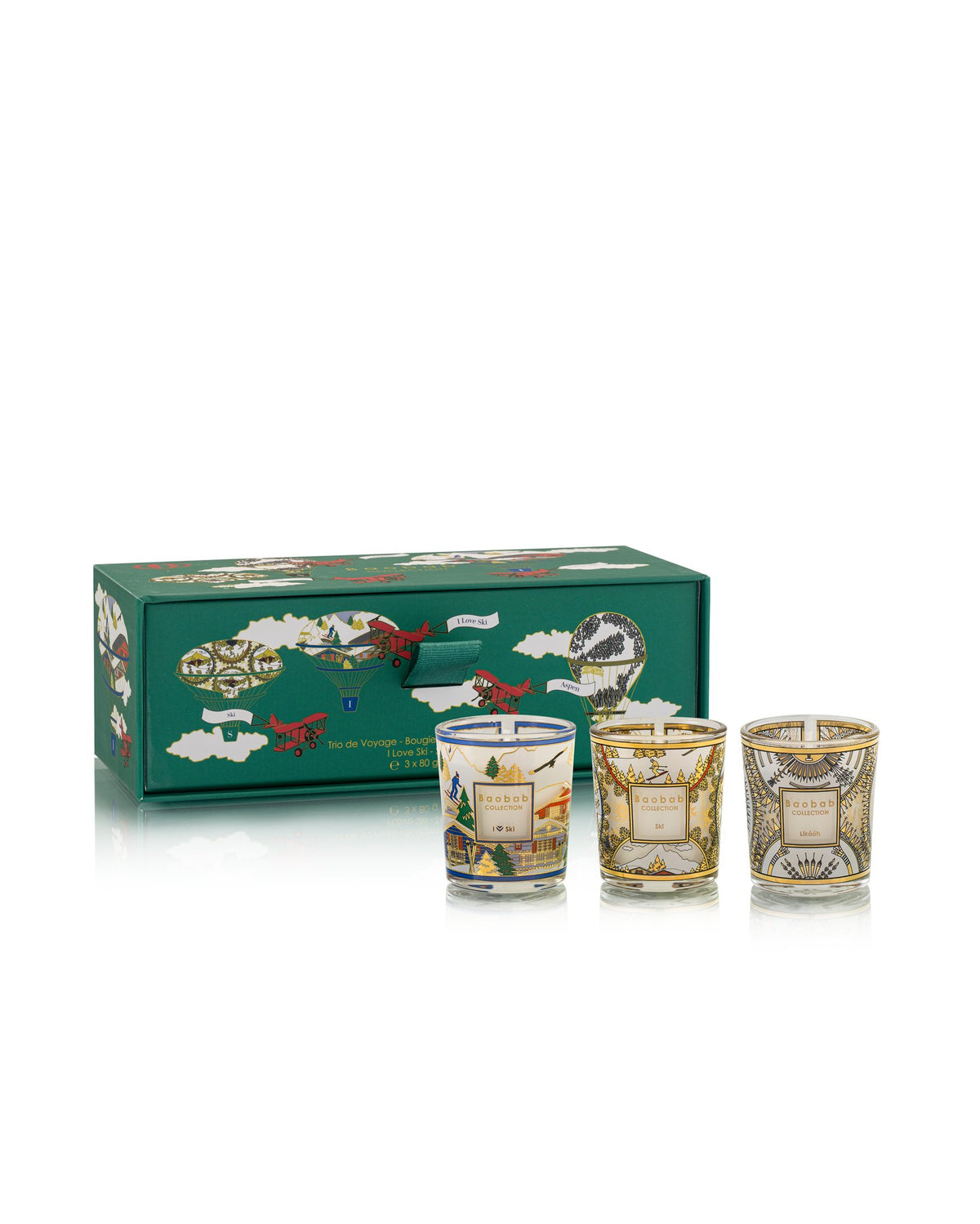 Coffret Baobab Trio Travel Aspen, I Love Ski, Ski : trois bougies Mini et leur boîte illustrée verte