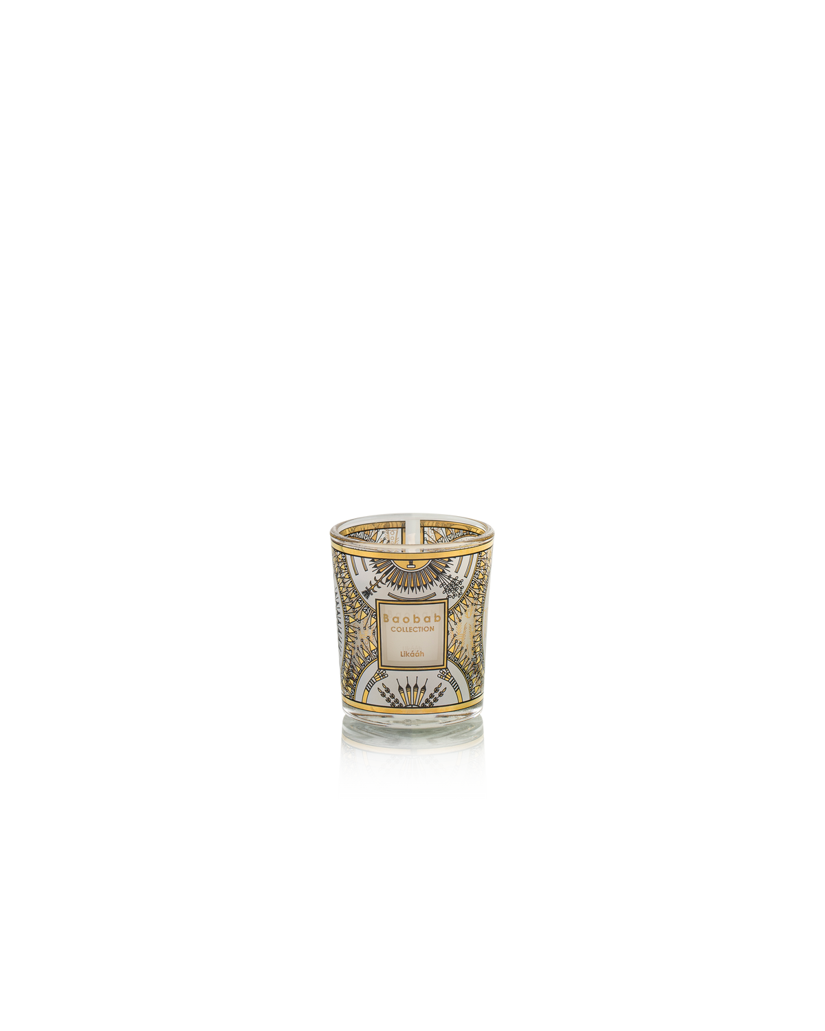 Bougie Baobab Likááh format Mini (Max 06), verre sérigraphié or aux motifs amérindiens, du coffret Trio Travel Aspen, Likááh, Far West
