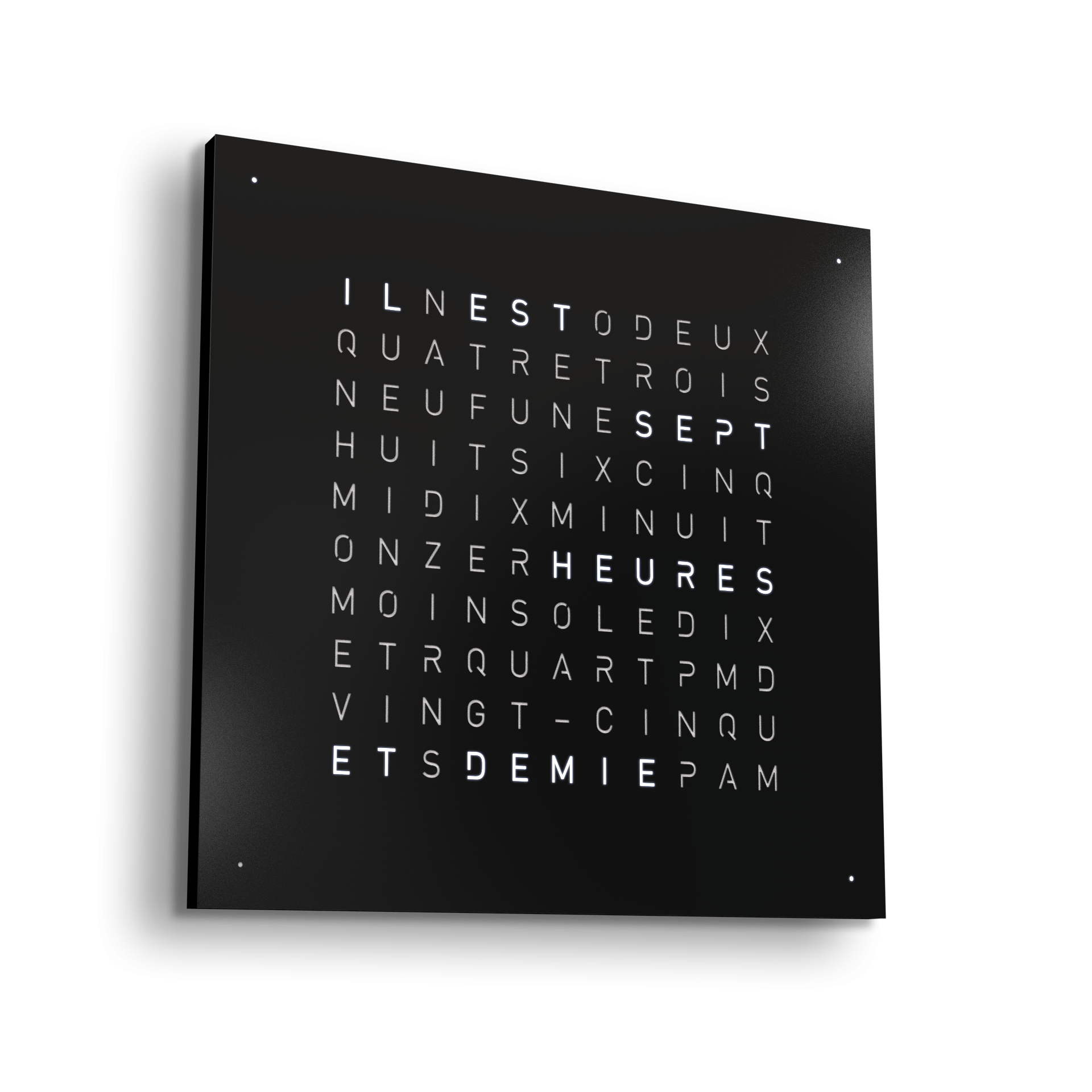 Horloge Earth 45 boitier noir - façade acier laqué, Qlocktwo