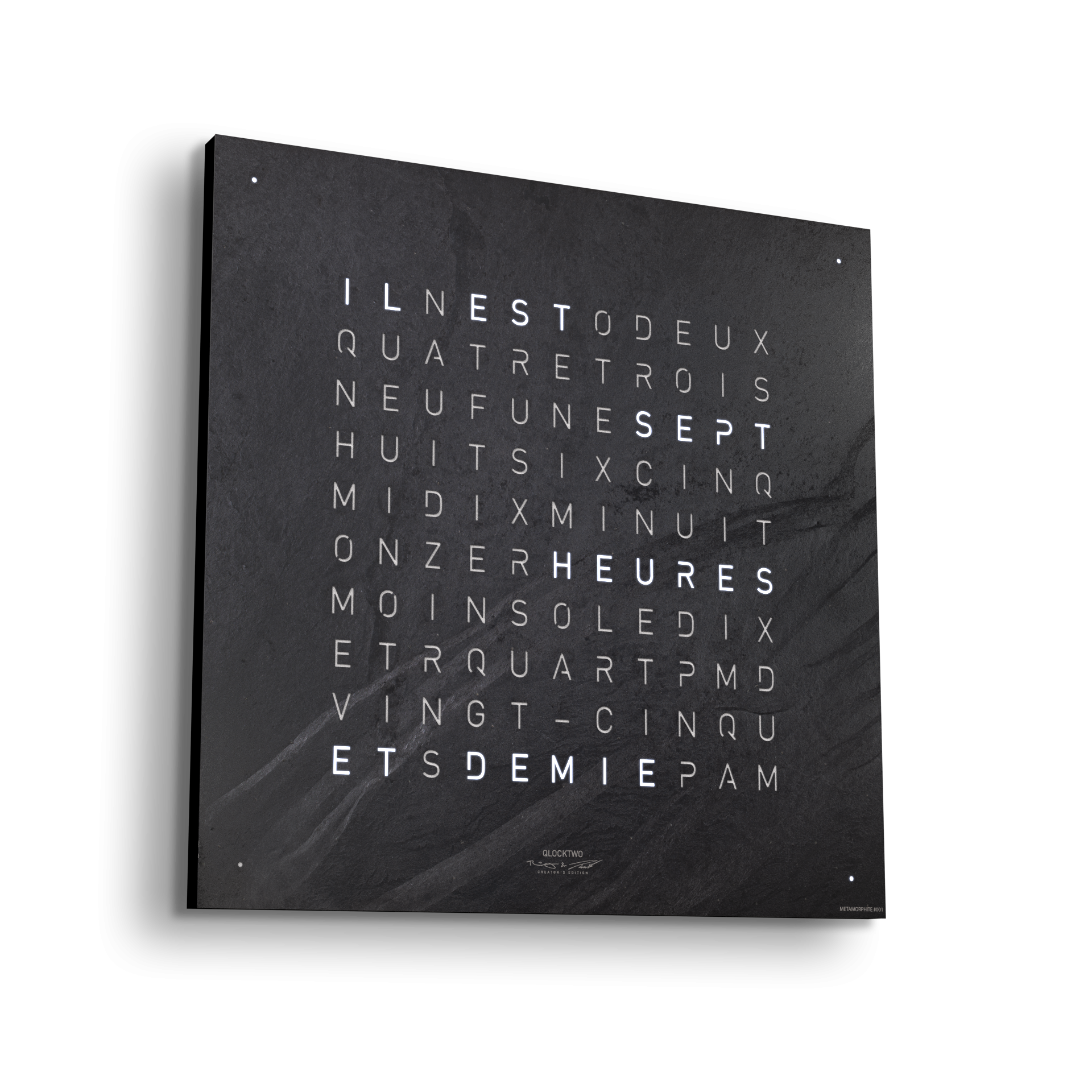 Horloge Earth 45 boitier noir - façade Creator's Edition Metamorphite, Qlocktwo
